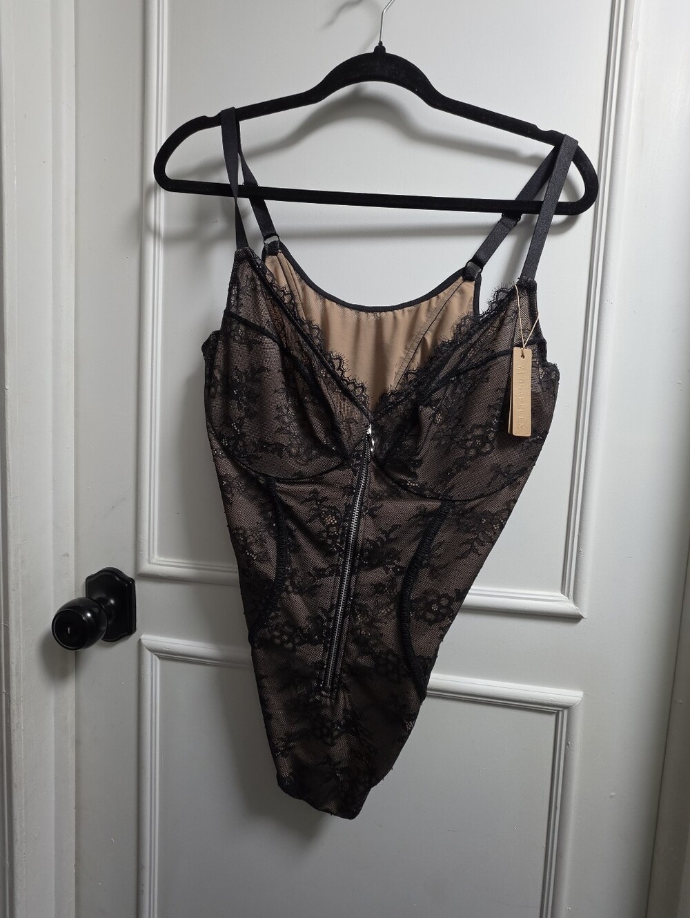 Sheer Lace Zip-Front Bodysuit in Black and Nude